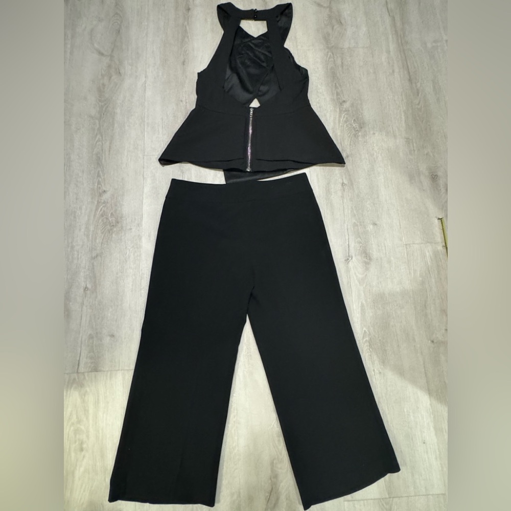 ANGL Backless Midriff Cutout Black Top & WAWA Crop Black Dress Pants